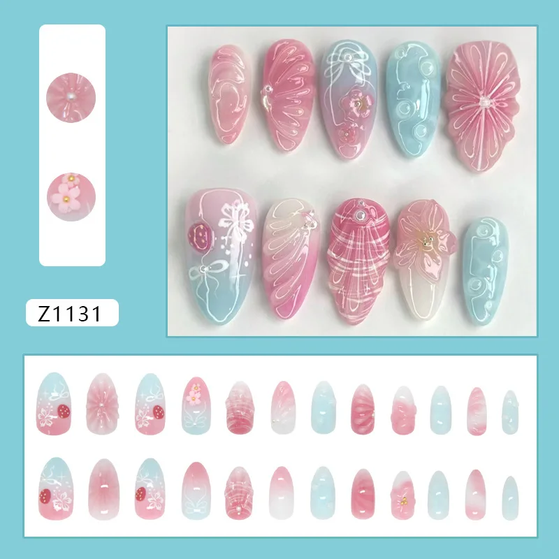 24 pçs doce rosa blush imprensa em unhas 3d gel escudo decoração unhas falsas wearable destacável ins simples amêndoa dicas de unhas falsas