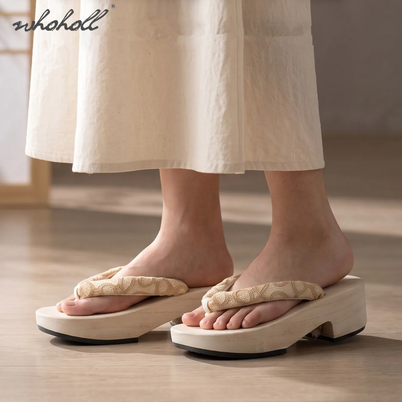 2026 New Japanese Geta Women's Wooden Clogs Lace Half-moon High-heeled Wedge Thick-soled Slippers Versatile Women's Flip-flops