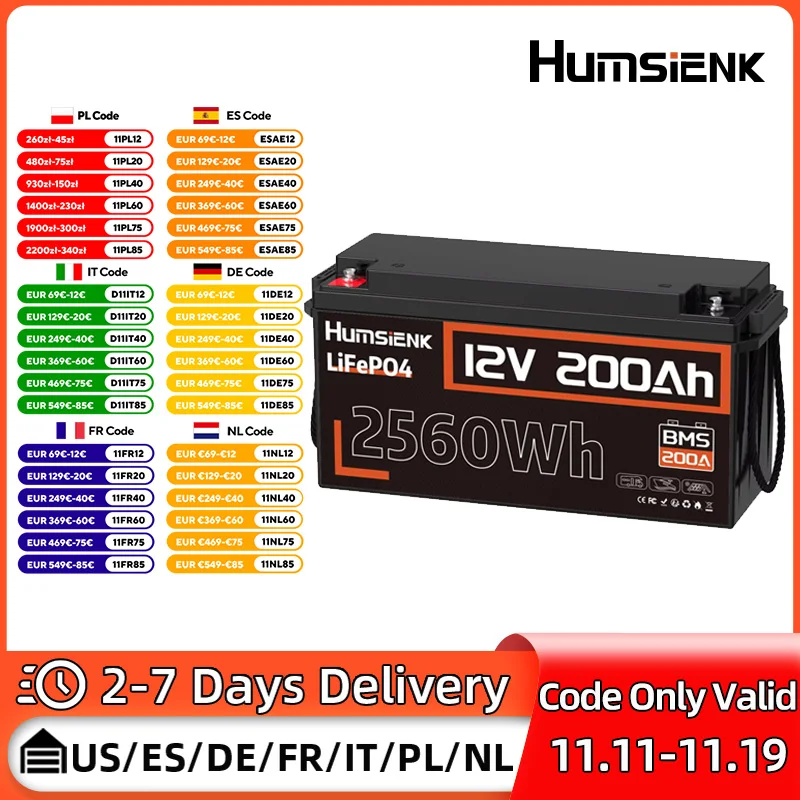 Humsienk Lithium Iron Phosphate Battery 12V 200Ah 2560Wh For RV/ Vans/ Trolling Motor/ Camping/ Boats/ Fishing / Boats, etc