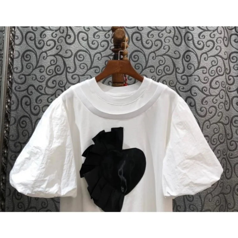 Neplo Korea Femme Casual Tops 2024 Summer Streetwear Tees O-Neck Double-Neck Pleated Love Splice Bubble Short Sleeve T-Shirts