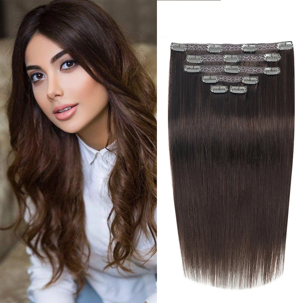 Grampo em extensões do cabelo humano para mulheres, cabeça cheia, brasileiro, reto, hairpiece natural, Remy, 14-22"