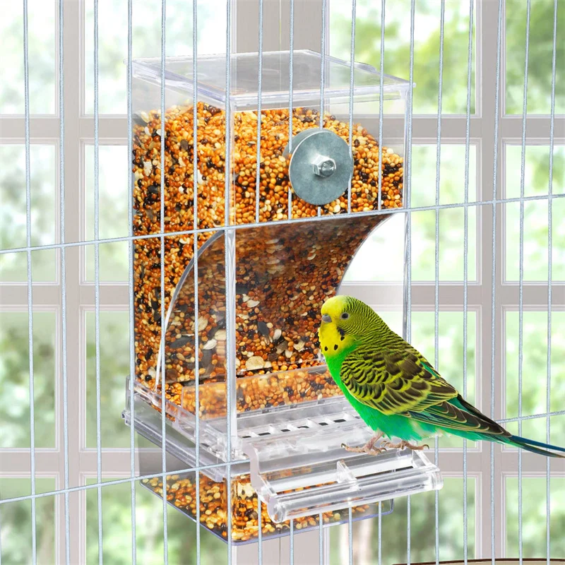 No Mess Bird Feeders Automatic Parrot Feeder Drinker Acrylic Seed Food Container Cage Accessories For Small And Medium Parakeets