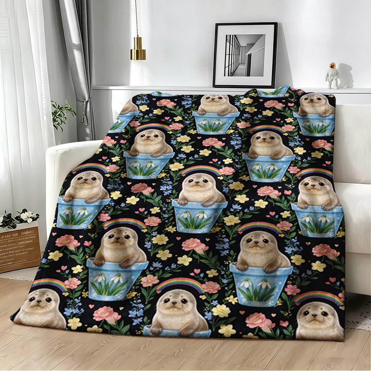 Seal Snow Pot Family Floral Flannel Blanket Warm Soft Halloween Christmas Decorative Couch Warm Cozy All-Season Gift