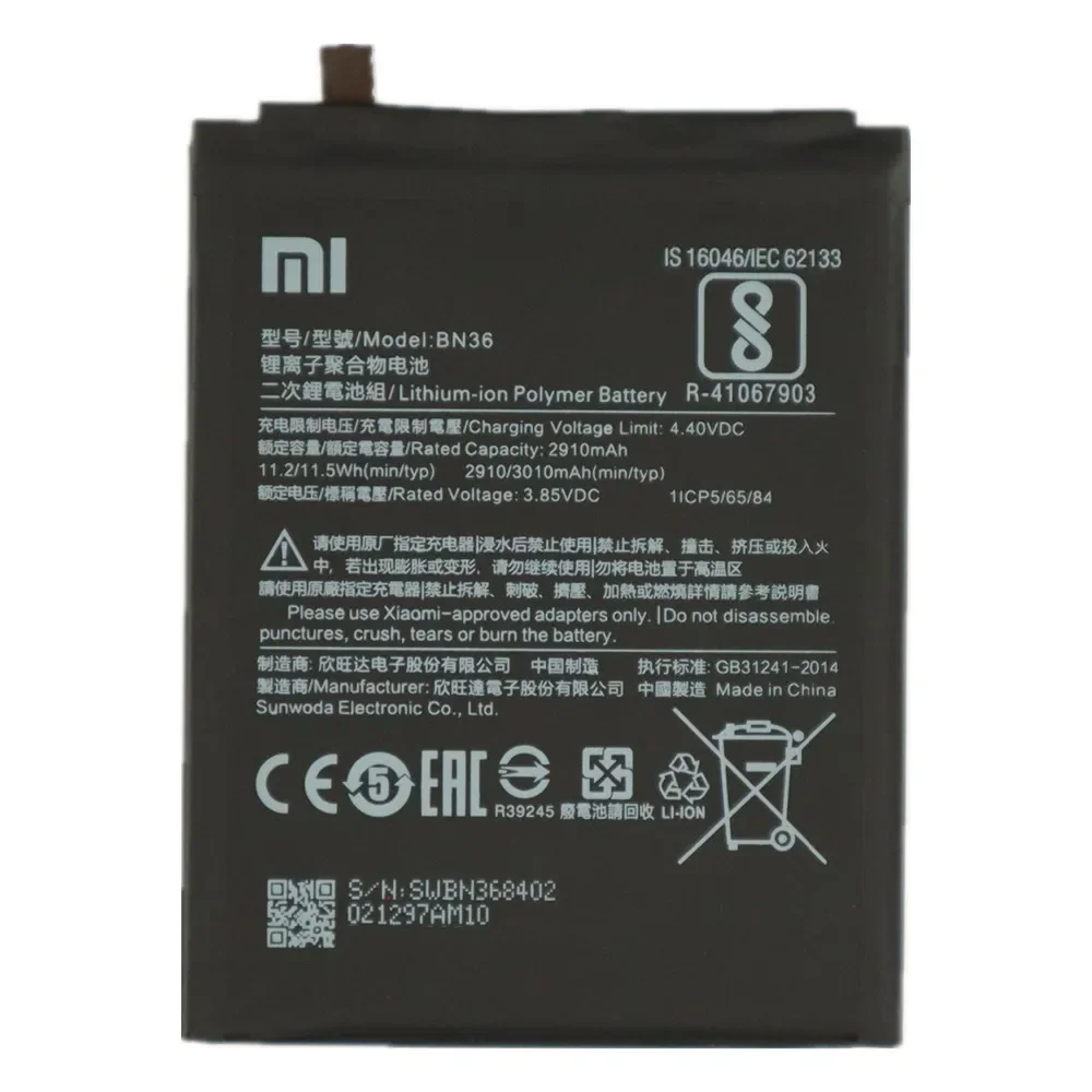 2024 Years High Quality BN36 Original Battery For Xiaomi Mi 6X A2 Mi6X MiA2 3000mAh Phone Battery In Stock + Tracking Number