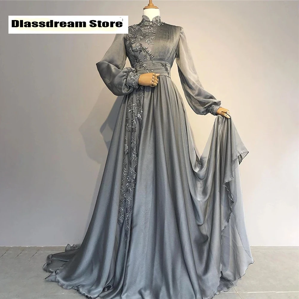 Grey Muslim Evening Dresses Women\'s High Neck A-Line Robe Chiffon Lace Applique Princess Prom Gowns 2023 Robe Vestidos De Fiesta