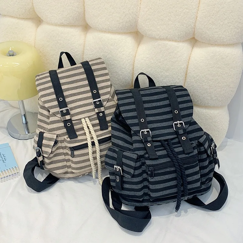 

Korean Series Stripe Canvas Bag Women 2024 Newjeans Same Functional Schoolbag
