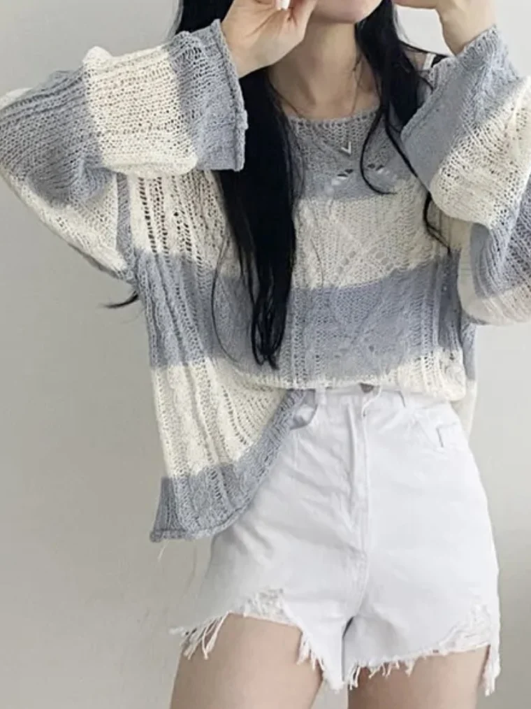 

Retro Twisted ort Striped Knitted Top Women's Korean Sle Small Size Faion Thin Loose Long Sve Sun Protection Knit Co...