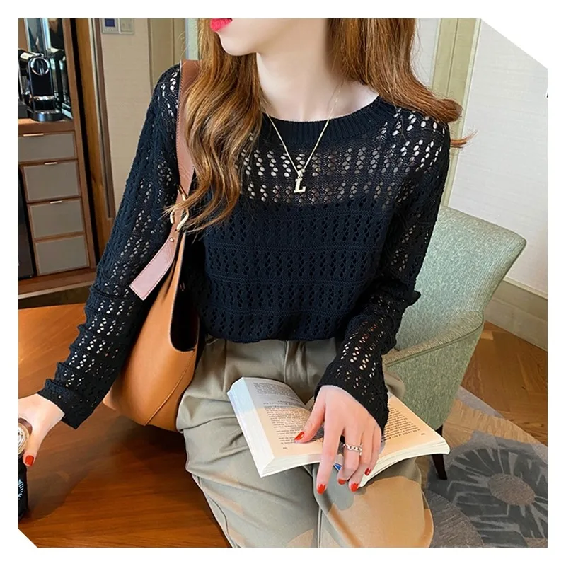 

Fashion Korean Round Neck Long Sleeve Women Blouse Sweater Short Hollow-out Tops