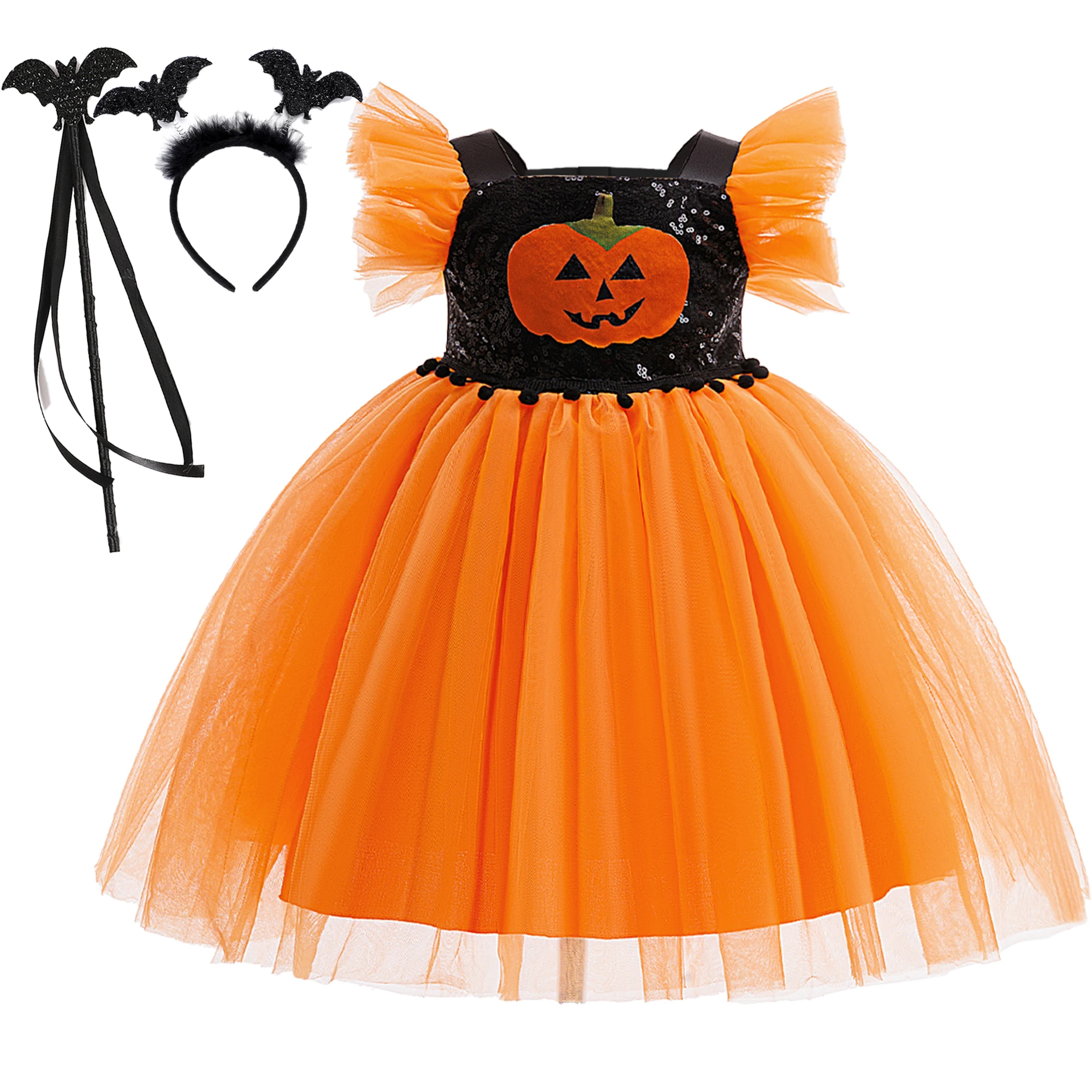 

Sequin Pumpkin Halloween Cosplay Costume for Girls Carnival Christmas Costumes Birthday Party Princess Dress Evening Kids Clothe