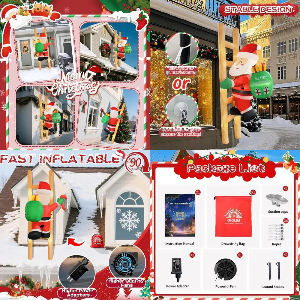 

8-Foot Inflatable Santa Climbing Ladder Outdoor Christmas Decoration with LED Lights and Storage Bag