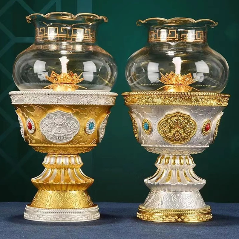 Buddhist Alloy Candle Cup Engraved Auspicious Candlestick Tantric With Windproof Lid Lamp Holde Home Altars Desktop Decorative