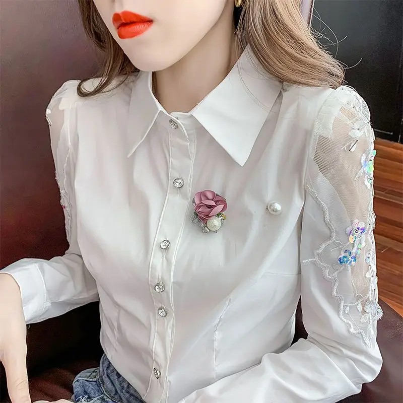 Spring Autumn POLO Collar Fashion Long Sleeve Shirt Women Hollow Out Button Patchwork Embroidered Cardigan Vintage Elegant Tops