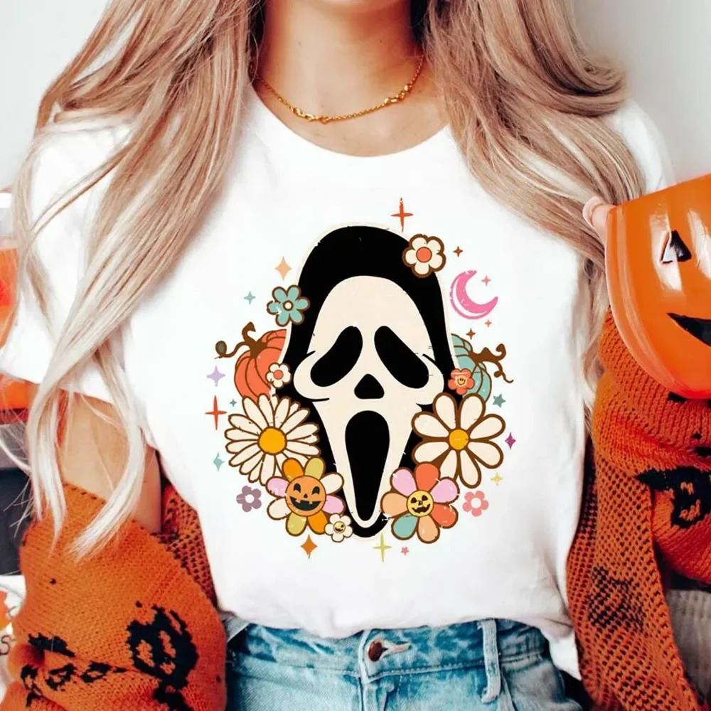 

T-Shirt Print Horror Halloween Scene Movie Ghostface Cartoon Retro Pattern Women's Street Style Short Sleeved O-Neck T-Shirt.