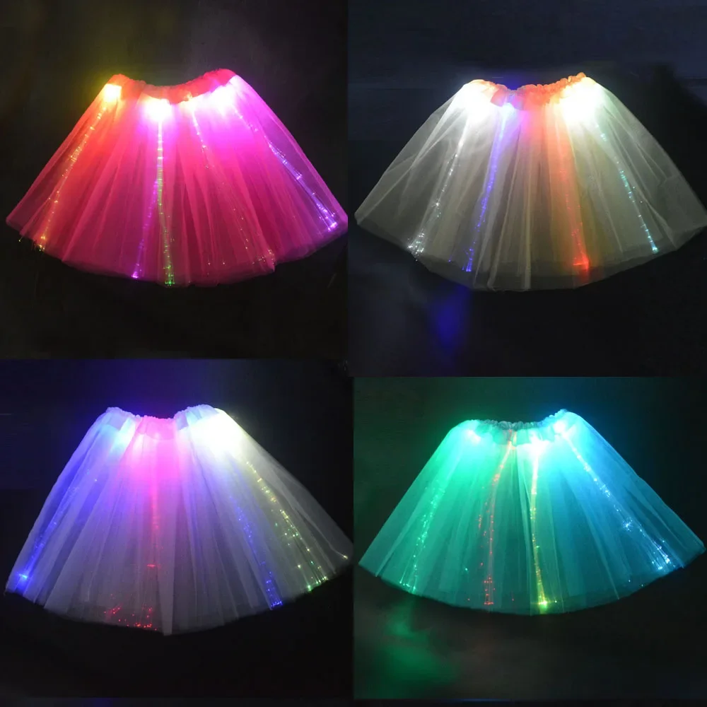 Women Girl LED Light Tulle Optical Fiber Tutu Skirt Fairy Costume Birthday Gift Glow Party Wedding Festival Halloween Christmas