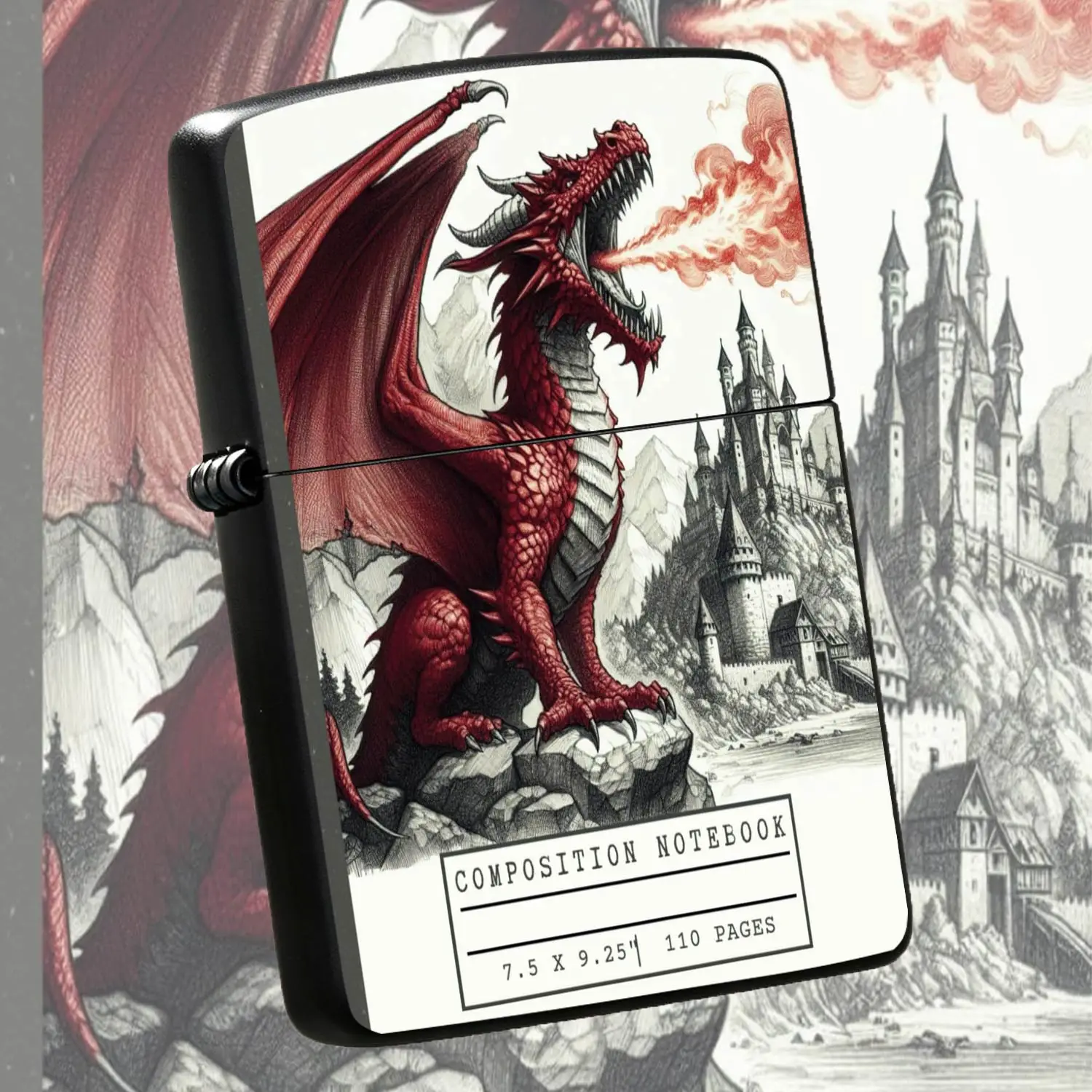 Vintage Red Dragon SpittingPattern Lighter, Medieval Castle Sketch Art Style Portable Ignition Device, Ideal for Daily Outdoor Multi-scene Application, Exquisite Fantasy Themed Practical Decorative Accessory Gift Choice A Humorous And Inte