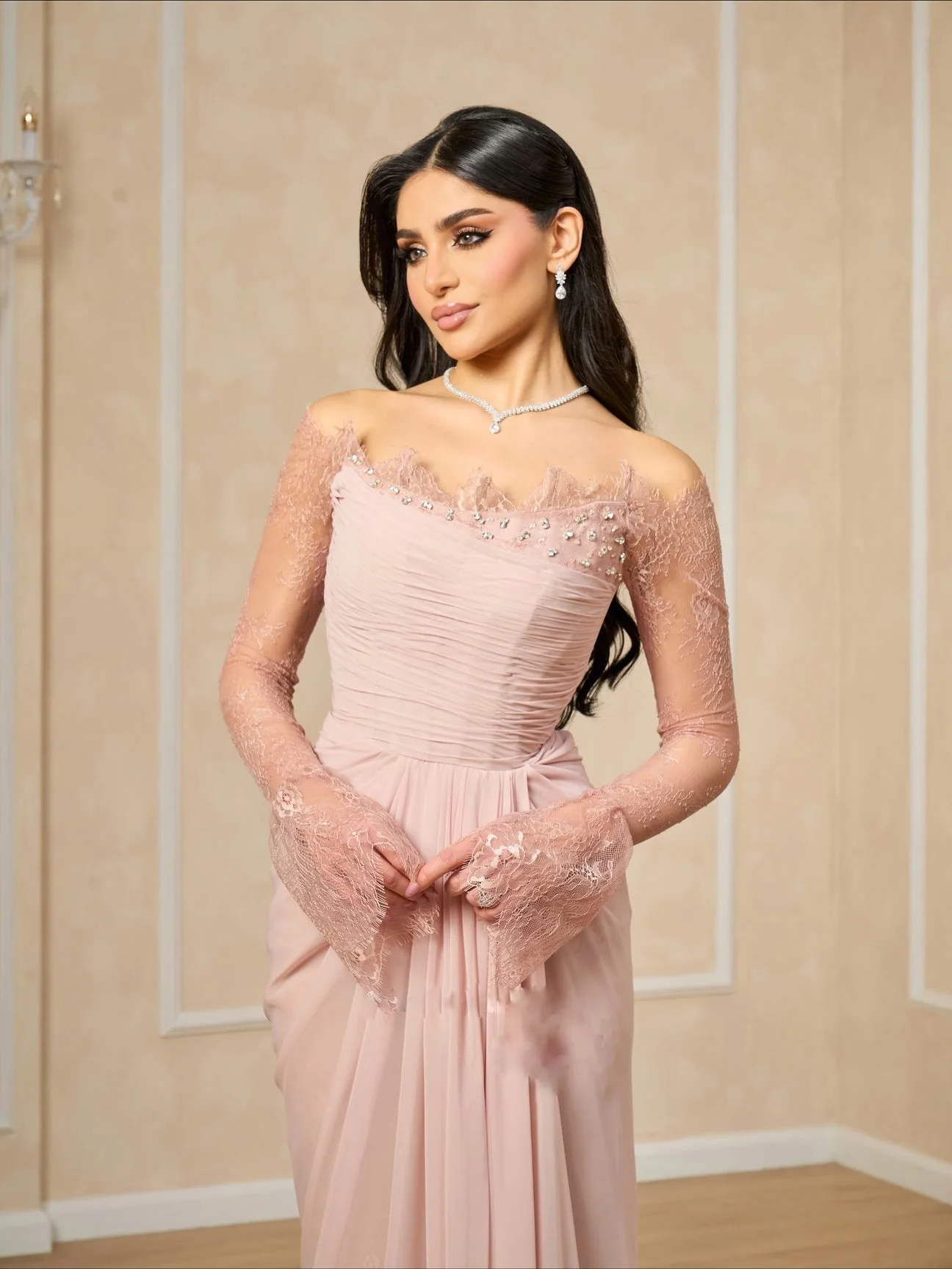 

Adeli customized Elegant Off-the-shoulder Pink Prom Gown Lace Beaded Party Evening Dress Floor-length Special Occasion Dresses