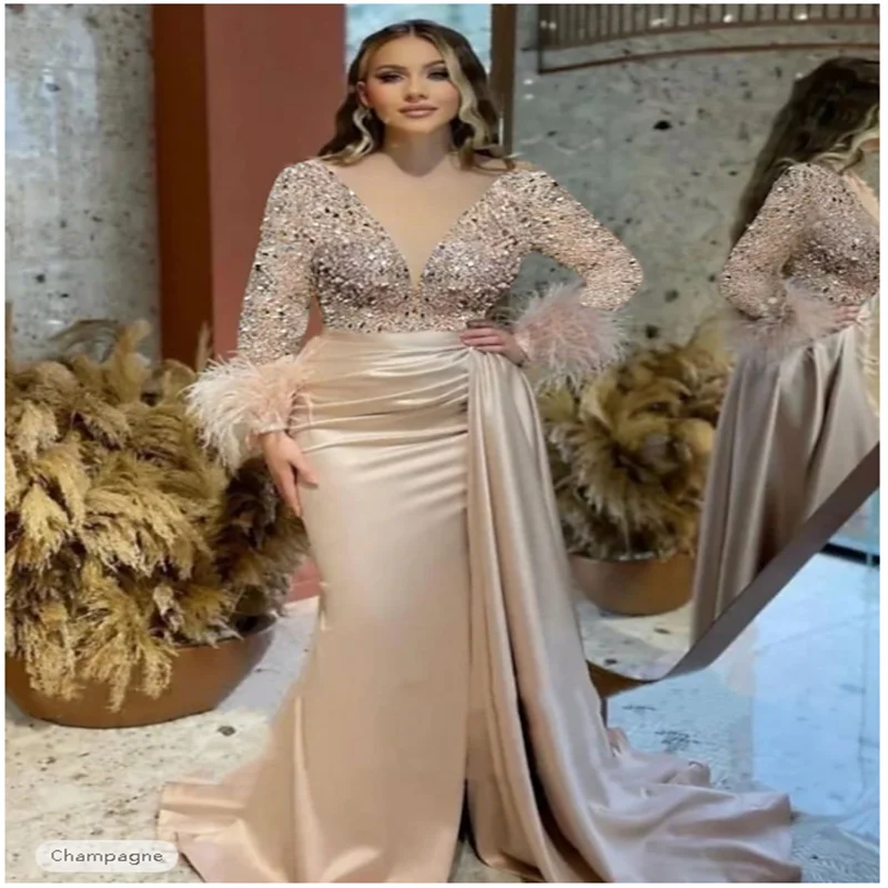 Mermaid Evening Gown Elegant Dress Formal Wedding Court Train Long Sleeve V Neck Satin with Feather Glitter Ruched Masquerade