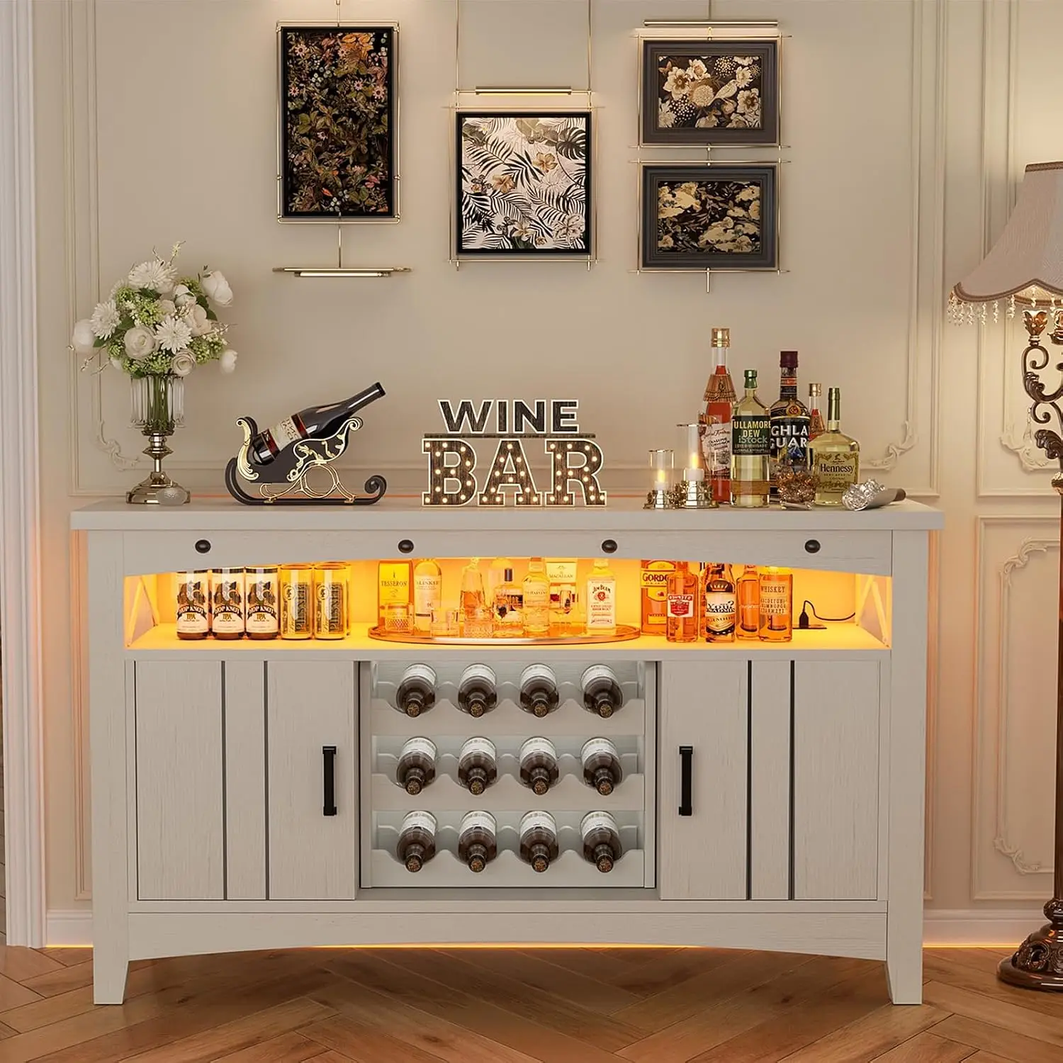 Farmhouse Bar Cabinet with Power Outlets & LED Lights, Liquor Storage with Movable Rack, 47.2