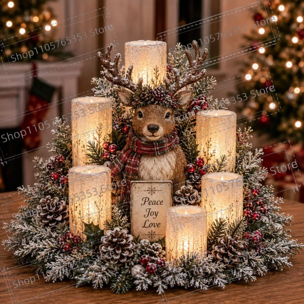 2026 Christmas Lighted Centerpiece with Flameless Candle Glow ，Holiday Home Desktop Decor Christmas Centerpiece Ornament