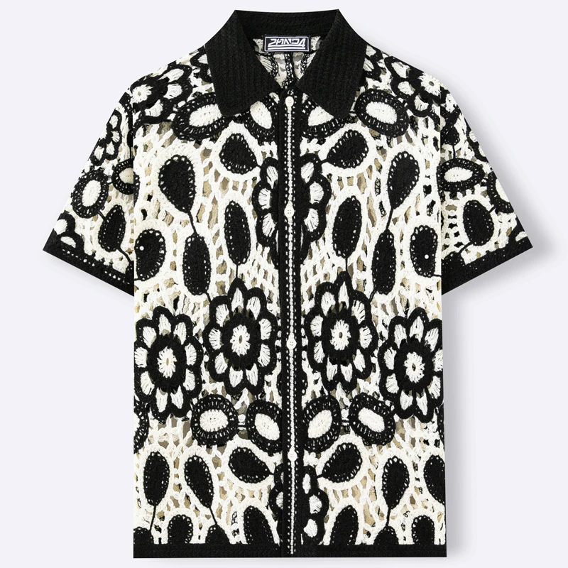 Fashion Men Hollow Out Short Sleeve Knitting Shirts Black White Color Blocking Crochet Casual Cardigan Lapel Polo Shirt SY0227