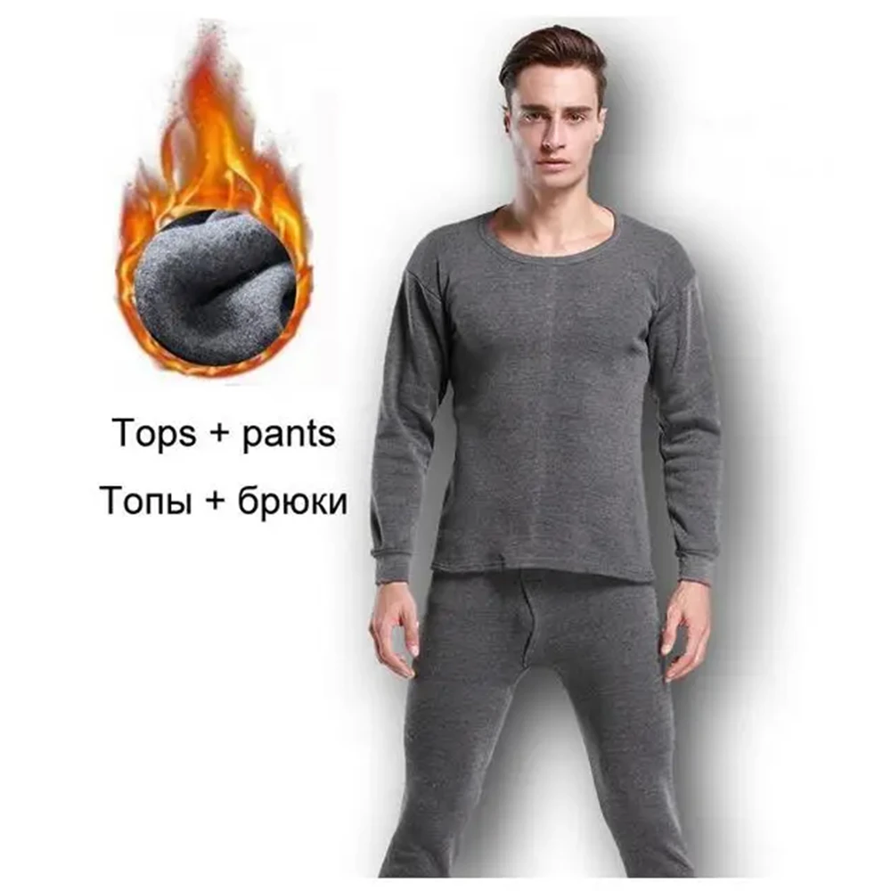 Winter Men Thermal Underwear Set Soft Cotton Fleece-lined Warm Panels Long Johns Top & Bottom Set Thermo Clothing Pajamas