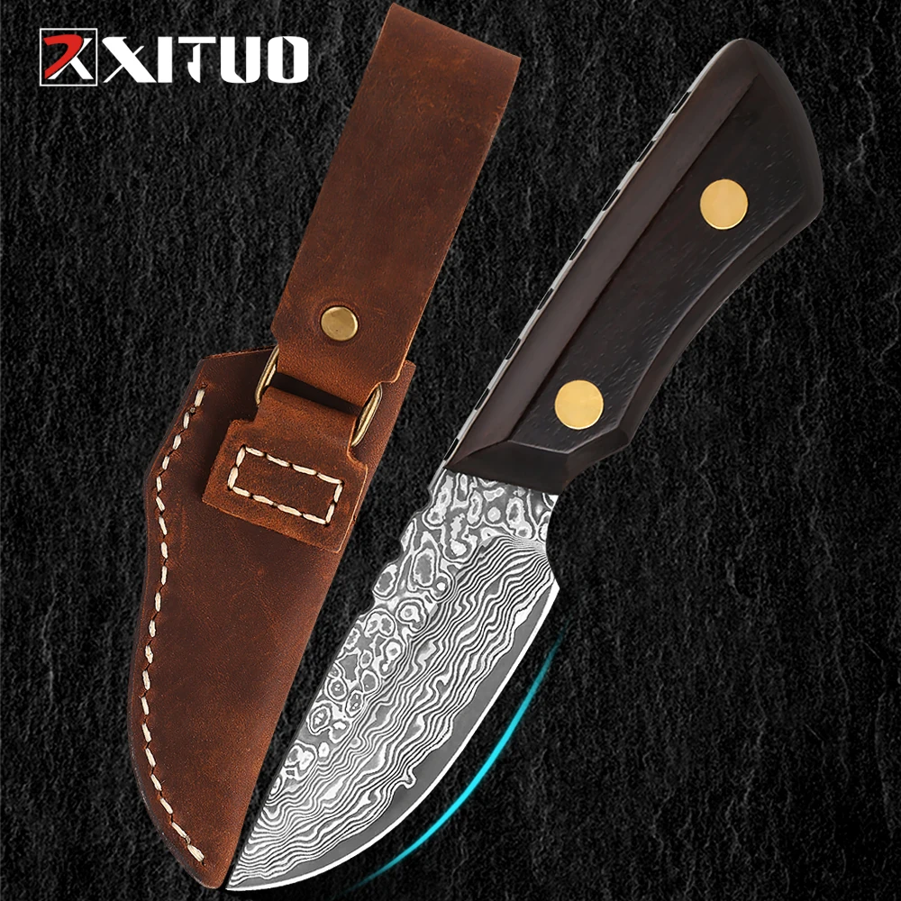 

XITUO Survival Knife Ebony handle Damascus steel Blade with Leather Sheath for Fishing Hunting Camping Razor Sharp Fruit Knife