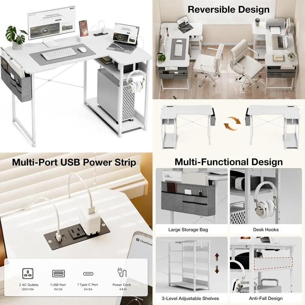 

Gaming Desk with Built-in Power Outlets, 40 Inch L-Shaped Desk with Reversible Storage and Bag, Corner Computer Desk for Optimal