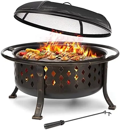 36 Inch Fire Pits for Outside Large Outdoor Wood Burning weave firt Heavy Duty Steel Bronze Bonfire Pit for Patio