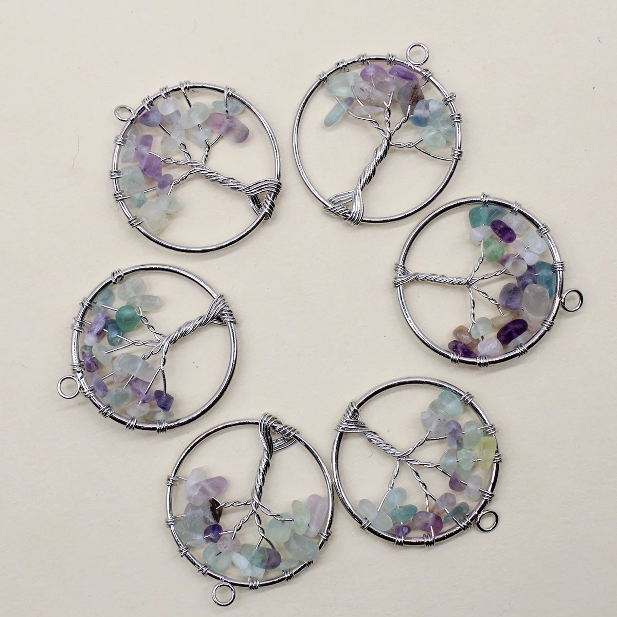 Natural Stone 30mm Tree of Life Stone Pendant Amethyst Lapis Lazuli 7 Chakra Reiki Pendant For Jewelry Making 16pcs Wholesale