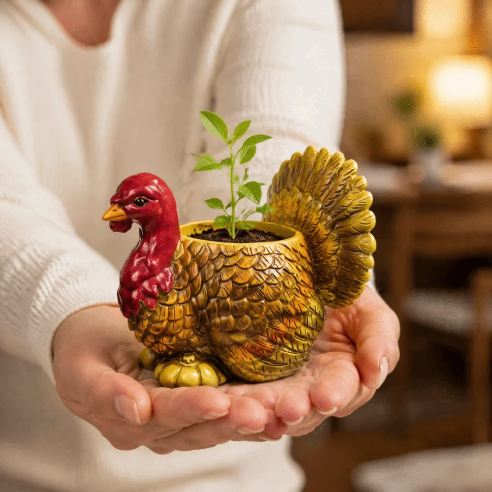 Fall Harvest Resin Turkey Planter Pot Raised Plumage Texture Top-Opening Turkey Figurine Candy Bowl Hand-Painted Fade-Resistant