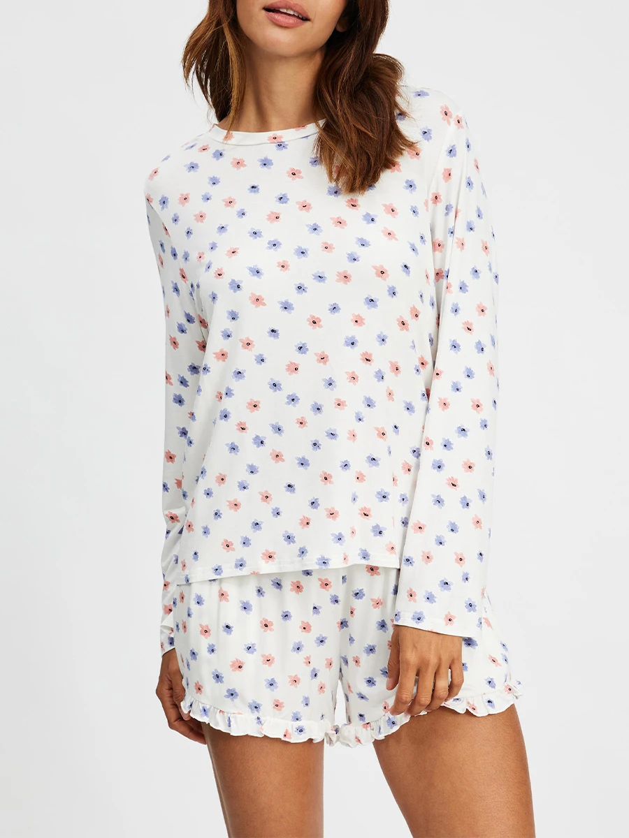Ensemble pyjama 2 pièces Y2k pour femme, t-shirt à manches longues à volants floraux mignons, haut boutonné et short, pyjama, vêtements de détente pour le sommeil