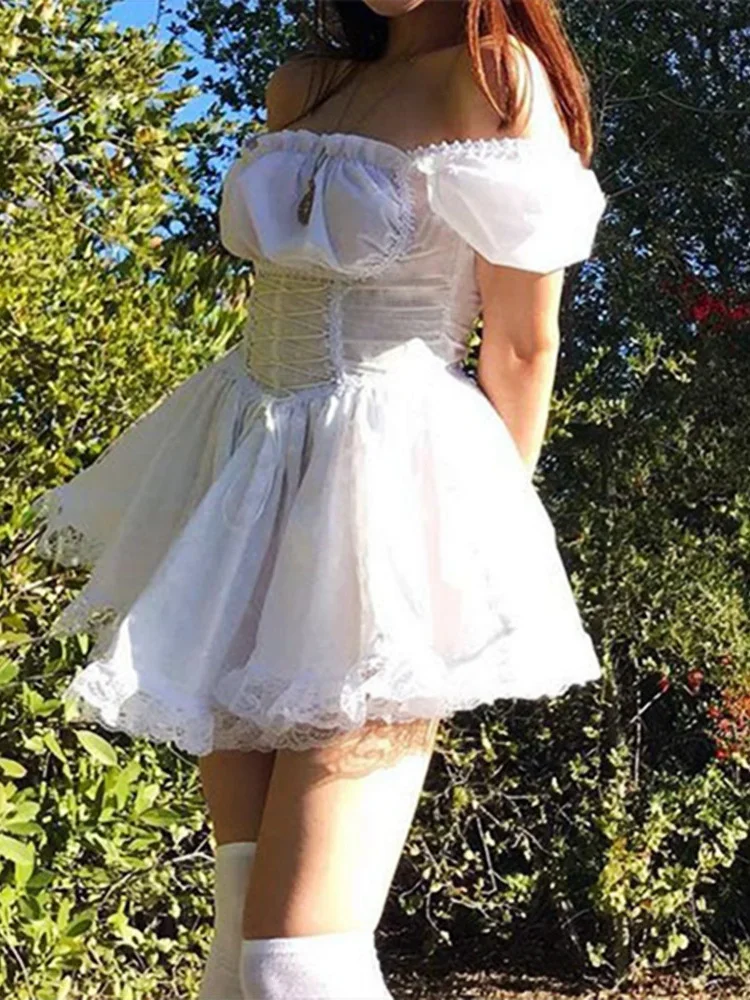 Women Summer Lolita Dress Puff Short Sleeve Square Neck Corset Tie-up A-line Dress Y2K Aesthetic Vintage Dresses Female