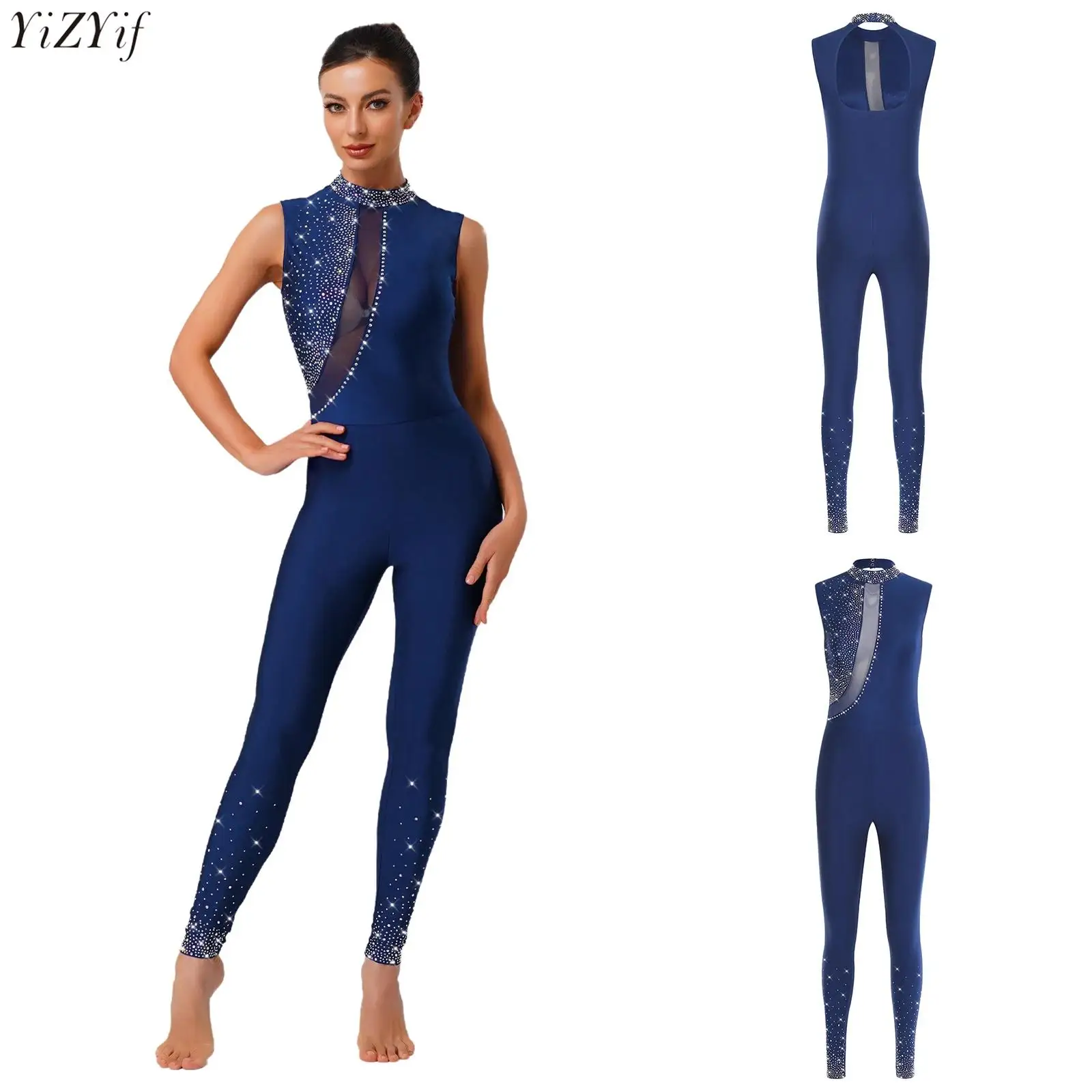 

Women's Gymnastics Jumpsuit Glittery Rhinestones Sleeveless Dance Bodycon Rompers Yoga Ice Skating Workout Competition Bodysuit