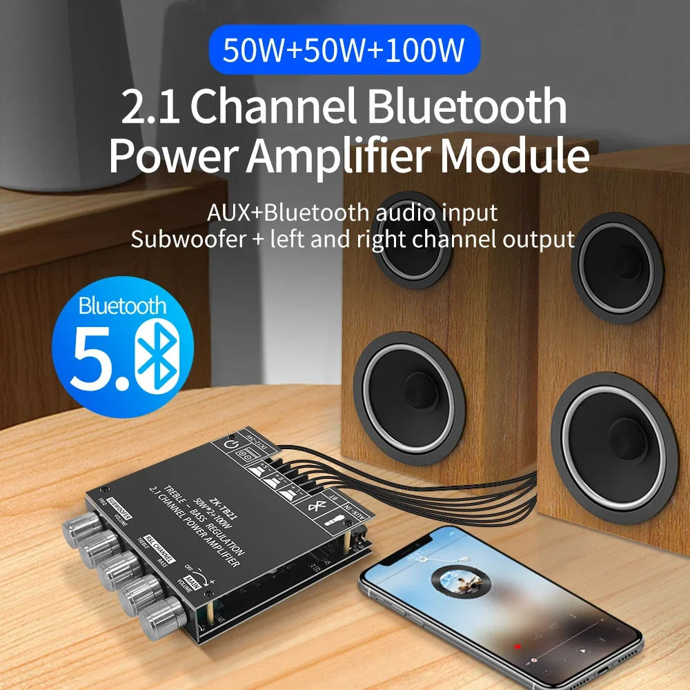 ZK-TB21 Bluetooth-совместимая плата усилителя сабвуфера 5,0 50 Вт * 2 + 100 Вт 2,1-канальный мощный аудио стерео басовый усилитель TPA3116D2