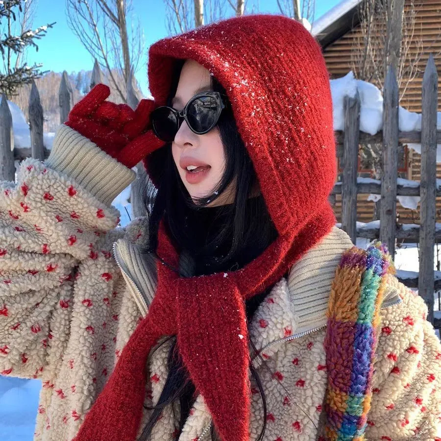 Autumn Winter Women 2‑in‑1 Knit Hooded Scarf Hat Soft Warm Neck Wrap Fashion Accessory For Outdoor Daily Christmas Gift