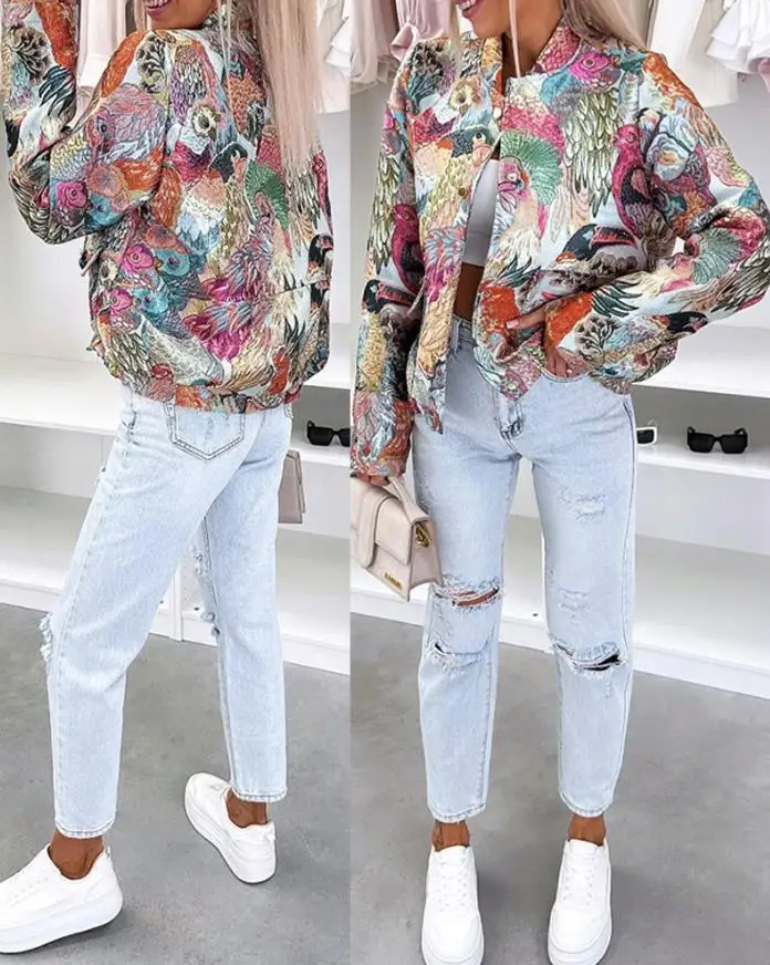 

Autumn Winter New Fashion 2025 Jacquard Embroidery Long Sleeve Baseball Jacket Casual Loose Fit Cropped Coat