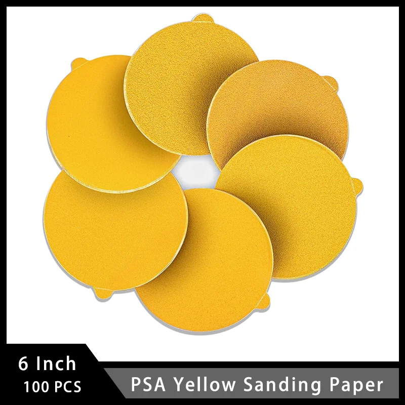 6 Inch PSA Yellow Sanding Paper 100 Pcs Assorted 60/80/120/220/400 Grit for Polishing Woodworking Automotive Paint Primers