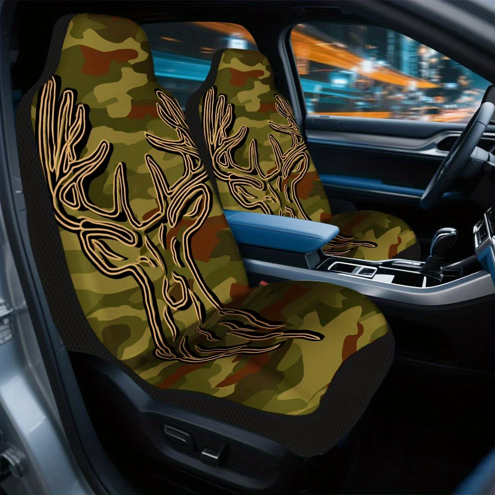 2pcs Camouflage Deer Silhouette Car Seat Covers, Durable Front Seat Protectors For Men And Women, Perfect For Trucks, Cars, Sed
