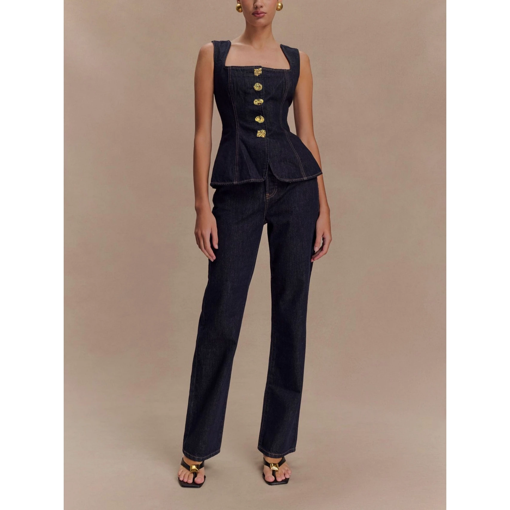 

Modern Flavor High Waist Button down Denim Top And Bot Set Long Pants Women's Faion Cross Border Clothing