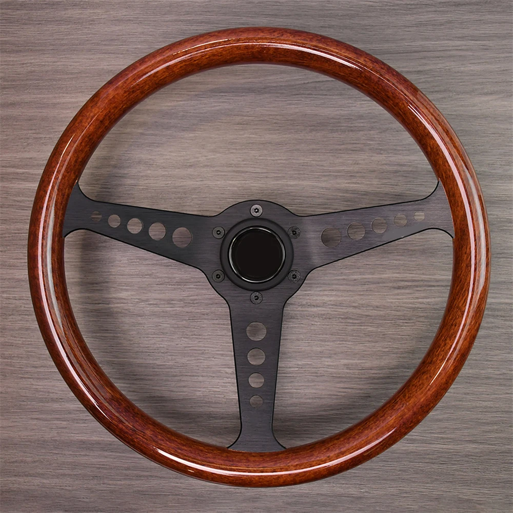 

14 Hole Wood Grain Classic Retro Steering Wheel 350mm Black 50mm Depth Anti-Slip Bracket Racing Steering Wheel for Game