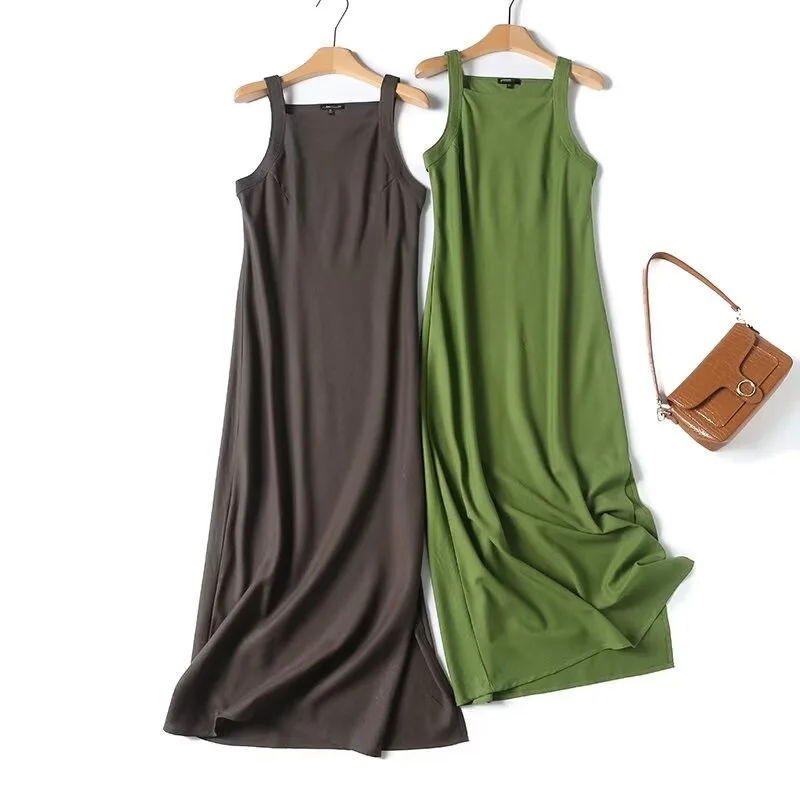 Tangada 2024 Women Green Cotton Linen Tank Dress Female Long Dresses 4C016