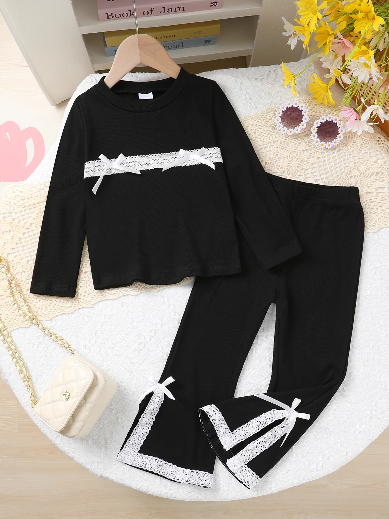 Toddler Girls' Fall Fashion 2-Piece Outfit: Long Sleeve Ribbed Bow Tie Sweatshirt & Split Lace Trim Flare Pants