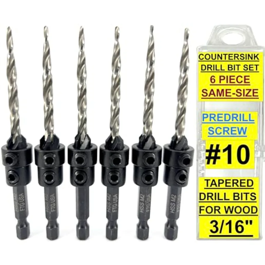 

6 Pc 3/16" Countersink Drill Bit Set with Tapered Drill Bits for Wood Depth Stop Collar Hex Wrench and Storage Container