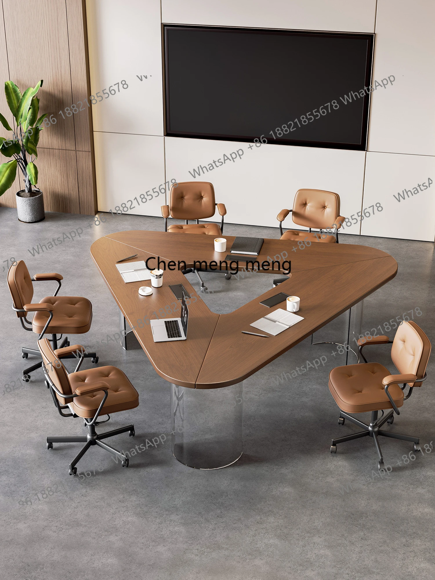 Light luxury solid wood conference training table Modern simple triangle negotiation table Reception table High-end