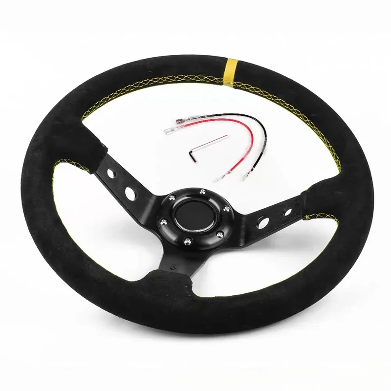 For Universal 14 Inch Thickened Deep Dish Racing Steering Wheel Suede Leather Modified Steering Wheel With Steering Wheel Horn C