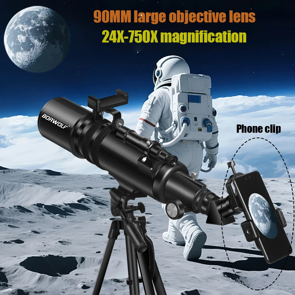 BORWOLF 90600 télescopes d'astronomie pour adultes, ouverture 90 mm 600 mm, 24X-250X HD pour l'observation des étoiles et l'observation des oiseaux