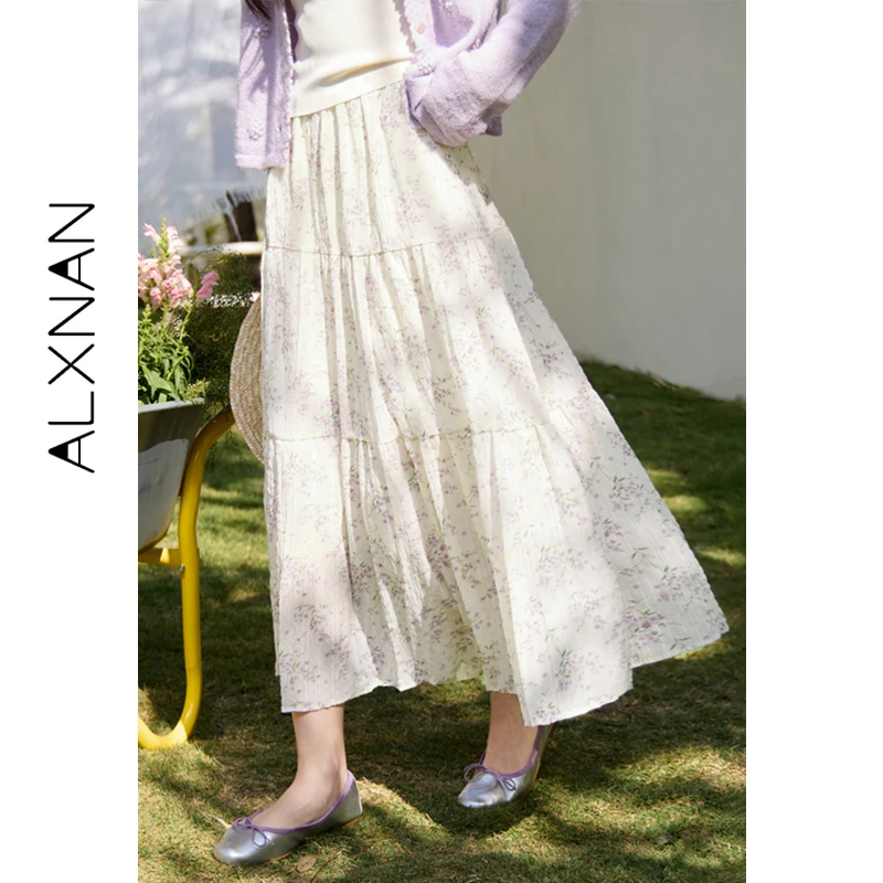 ALXNAN Apricot Floral Midi Skirt 2026 Spring High Waist Long A-line Women's Skirts Elastic Waist Elegant Female Clothing L61613
