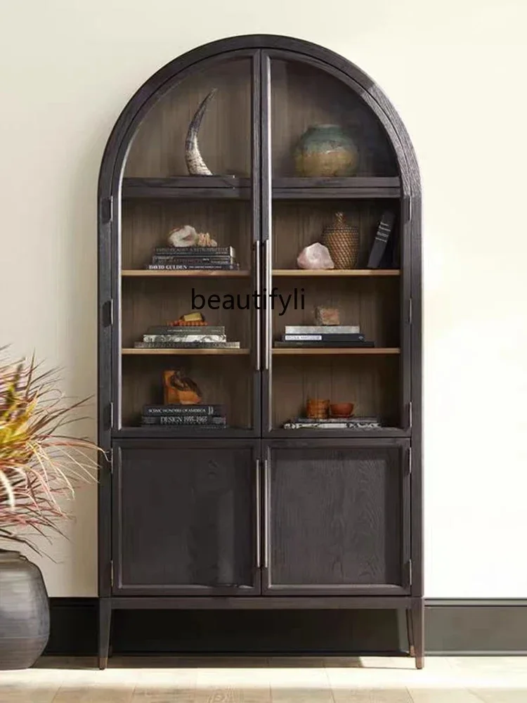 

American Light Luxury Solid Wood Bookcase Full Solid Wood Retro Wine Cabinet with Glass Cabinet Door Arch Decoration