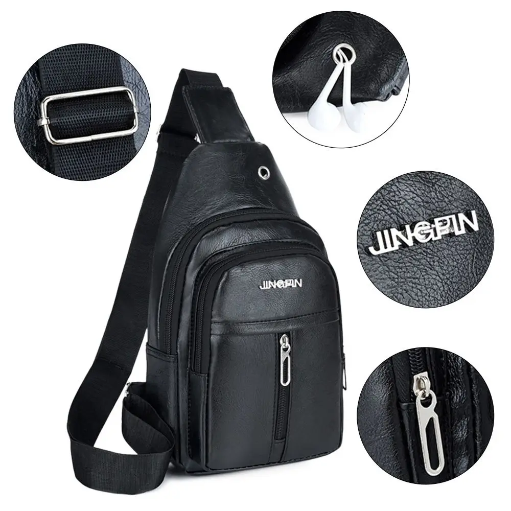 Solid Color Men's Sling Bag Fashion PU Leather Large Capacity Crossbody Bag with Earphones Hole Anti-theft Chest Bag