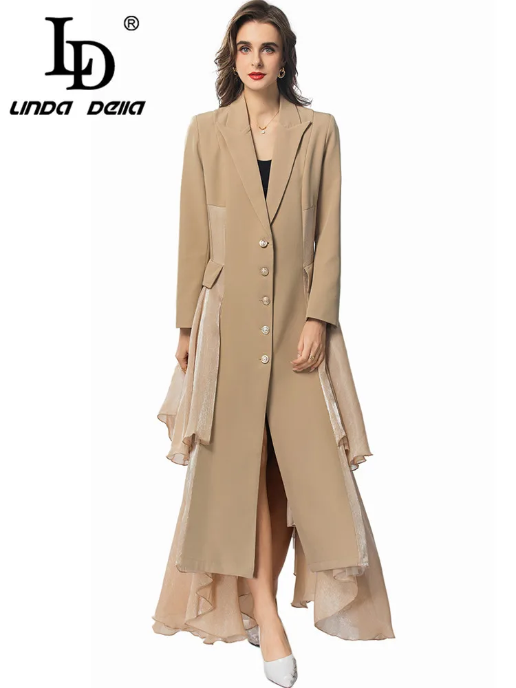 LD LINDA DELLA Elegant Autumn and Winter Fashion Women's Long-sleeve Single-Breasted Flounced Edge Vintage Solid Color Coat